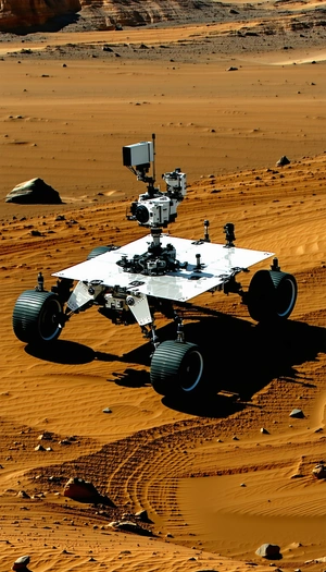 A Large Robotic Vehicle, Possibly A Rover, Sitting On A Sandy Surface