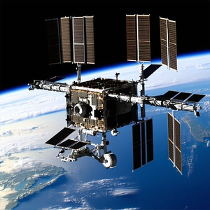 A Space Shuttle With A Large Satellite Dish On Top Of It