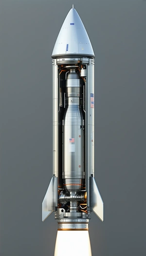 A Large Rocket Is Shown In A 3d Model, With Its Engine And Fuel Tanks Visible