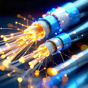 Tech Diagram Style: Close-up Of Fiber Optic Cables With Close-up Blue