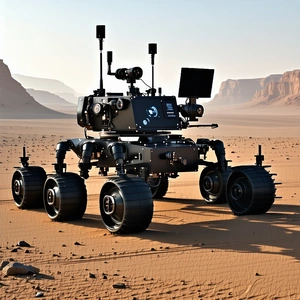 A Large Robotic Vehicle, Possibly A Tank, Parked In A Desert-like Environment