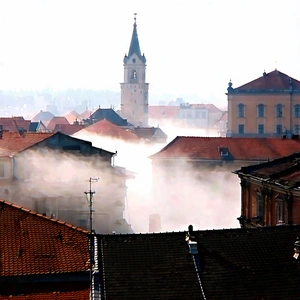 Urban Architectural Photography: Cityscape Of Historic City Center During Foggy Morning With Cityscape Large