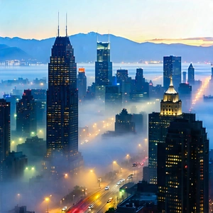 Urban Unreal Engine: Cityscape Of Downtown District During Foggy Morning With City Skyline