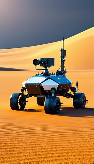 A Large Robotic Vehicle With A Camera On Top, Driving Across A Sandy Terrain