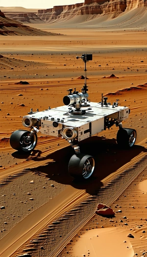 A White Robotic Vehicle With A Large Wheel On The Front, Driving Across A Dirt Road