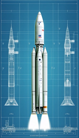 A Large Rocket Is Shown In A Blueprint, With A Smaller Rocket On The Left Side Of The Image