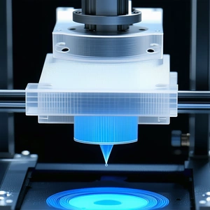 A Machine With A Blue Light, Possibly A 3d Printer, Creating A Blue Object