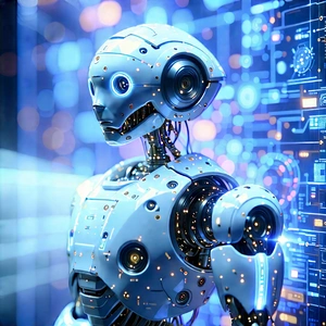 Robot With Holographic Projection With Robot Standing