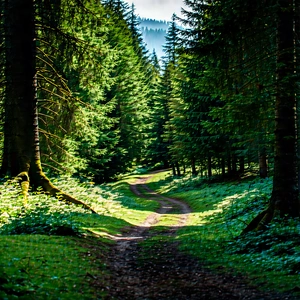Nature Tilt-shift Photography: Path Through Dense Forest With Dirt Road