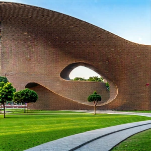 Urban Architectural Photography: City Park With Sightseeing With Large Brick