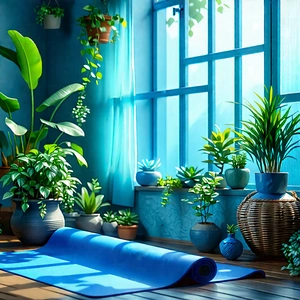 Lifestyle Blueprint Style: Wellness Scene With Yoga Mat And Plants With Cozy Room