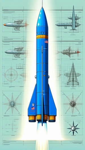 A Blue Rocket Ship Is Shown In A Drawing, With A Light Shining On It