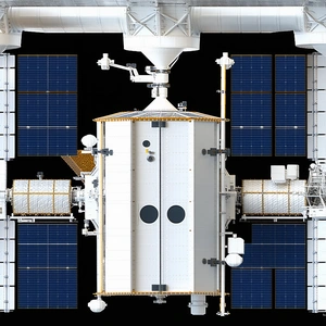 The Image Is A Black And White Photo Of A Space Shuttle, Which Is Docked To A Space Station