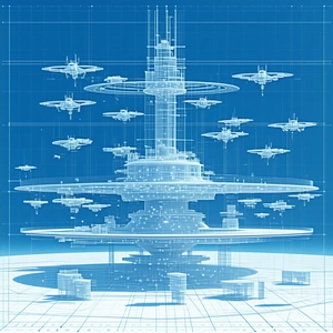 In This Futuristic Scene, A Massive Space Station Is Surrounded By Numerous Small Spaceships