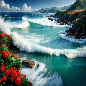 Nature Commercial Photography: (ocean:1.12) Waves Surrounded By Lush Vegetation With Painting Beautiful