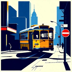 Urban Linocut Print: City bus in quiet side street