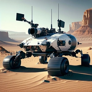 A Futuristic Vehicle Is Parked In A Desert-like Environment