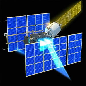 A Spacecraft Is Shown In A Close-up View, With Its Solar Panels And Other Components Clearly Visible