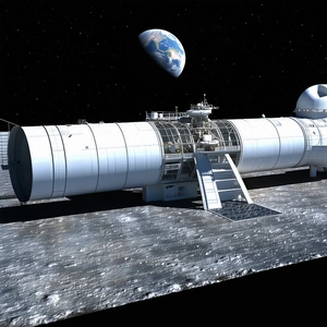 A Large Space Station With A Staircase Leading To The Entrance