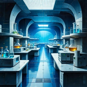 Tech Lithograph: Futuristic Research Laboratory With Blue White