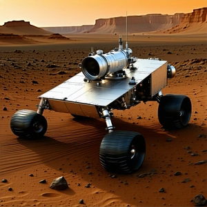 A Futuristic Vehicle, Possibly A Rocket Or A Spacecraft, Sitting On A Dirt Surface