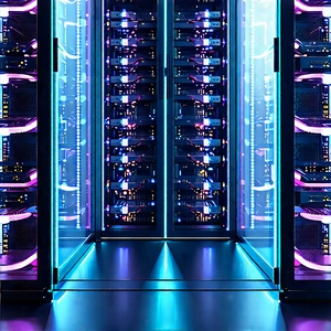 Server Rack With Neon Accents With Large, Blue