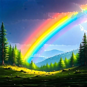 Nature Gouache Painting: Rainbow Over Forest Clearing With Beautiful Rainbow
