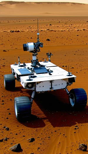 A White Robotic Vehicle With A Large Wheel On The Front, Driving Across A Dirt Field