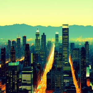 Urban Lithograph: Cityscape Of Downtown District During Night With Vibrant, Colorful,