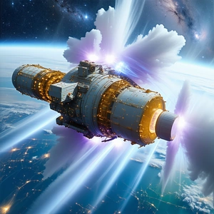 A Spacecraft Is Shown Flying Through The Air, With A Bright Light Coming From The Front Of The Ship