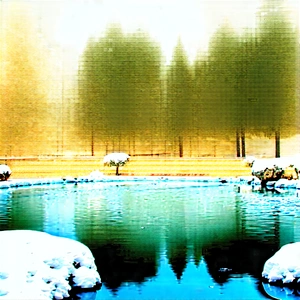 Nature Product Photography: Tranquil Pond Surrounded By (snow:1.4)-covered Trees With Serene Pond