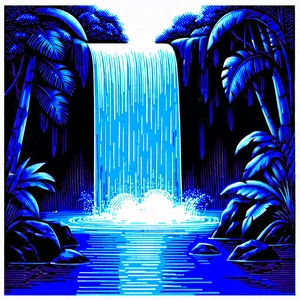 Nature Linocut Print: Waterfall Pool Surrounded By Lush Vegetation With Blue White