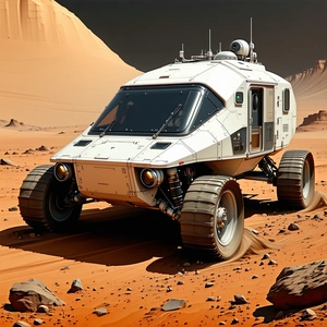 A White Vehicle Is Driving On A Red Dirt Road