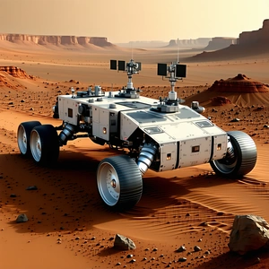 A White Robotic Vehicle, Possibly A Rover, Driving Across A Rocky Terrain