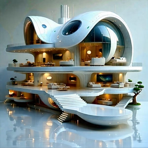 Tech Oil Painting: (futuristic:1.39) Smart Home With Large, Modern,
