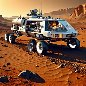 A Futuristic Vehicle Is Driving Across A Rocky Terrain