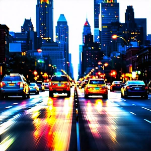 Urban Infographic Style: Cityscape Of Downtown District During Rush Hour With Colorful, Artistic