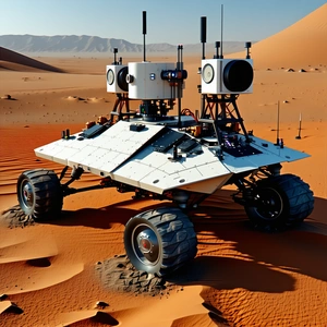 A White And Black Robotic Vehicle, Possibly A Rover, Sitting On A Sandy Surface