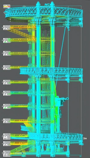A Large, Blue, Three-dimensional Model Of A Crane Is Displayed On A Computer Screen