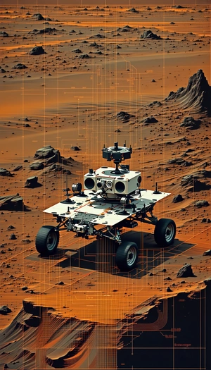 A White And Orange Rover Vehicle On A Red Dirt Surface, Likely On Mars