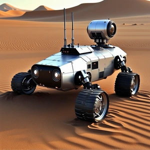 A Futuristic Robotic Vehicle With Four Wheels, Resembling A Tank Or A Rover