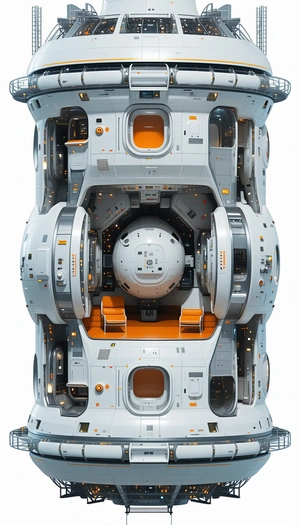 A Large White Spacecraft Is Shown In A Three-dimensional View