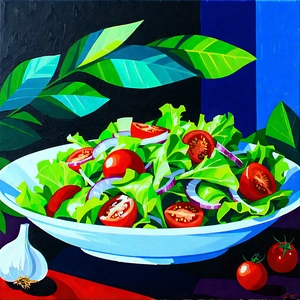 Lifestyle Gouache Painting: Fresh Salad Prepared With Artistic Presentation With Large Bowl