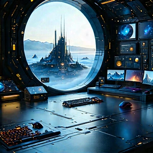 Futuristic Digital Workspace With Image, There