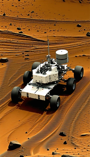 A White Robotic Vehicle, Possibly A Rover, Driving Across A Dirt Field