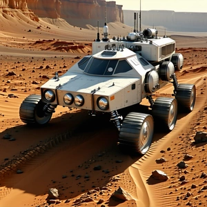 A Futuristic Vehicle, Possibly A Spacecraft Or A Rover, Driving Across A Desert-like Terrain