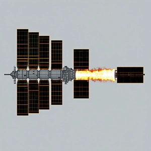A Spacecraft Is Shown In A Close-up View, With Its Engine On Fire