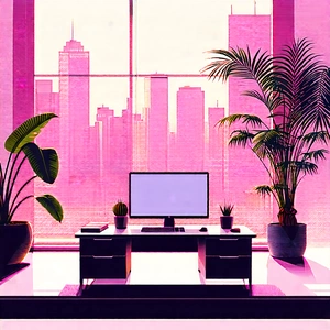 Lifestyle Lithograph: Home Office With Plants And Natural Elements With Painting Modern