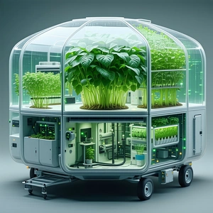 A Large, Futuristic Greenhouse With A Variety Of Plants Growing Inside