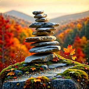 Nature Woodcut Print: Rock Formation In Autumn Colors With Beautiful Scene